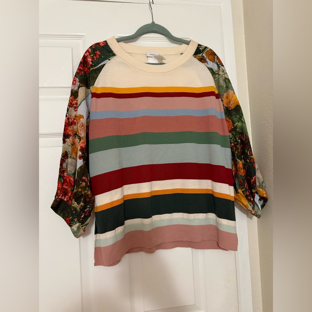Akris Punto Cactus Blossom Stripe Print Wool Sweater Knitwear Intarsia Floral - Picture 3 of 13